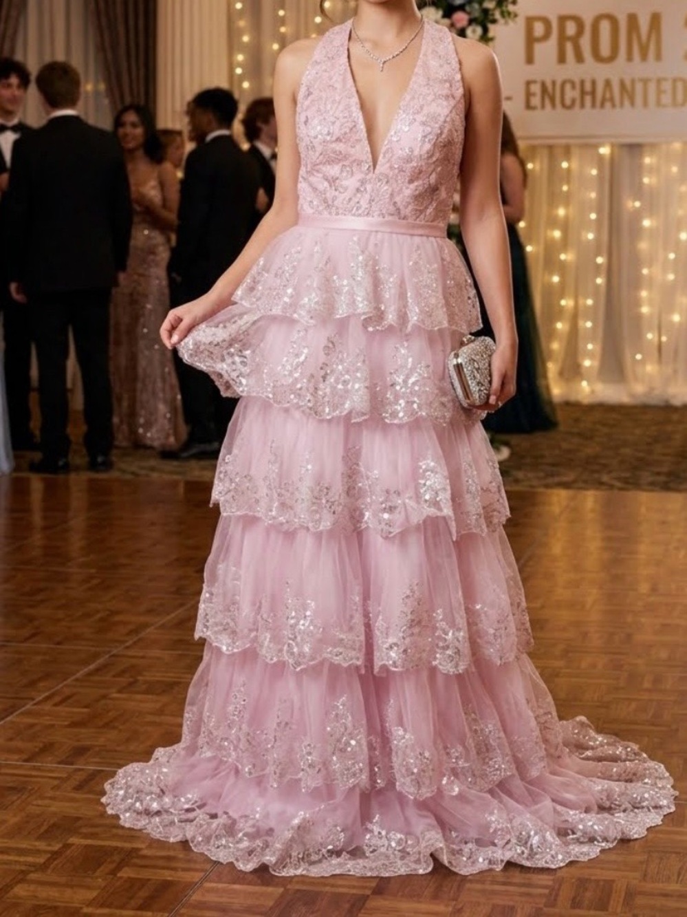Pink Tiered Lace Sequin Halter Evening Dress